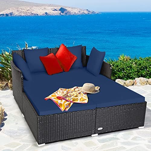 Tangkula Outdoor Rattan Daybed, Sunbed Wicker Furniture w/Spacious Seat, Upholstered Cushion & High-Resilience Sponge, Wicker Patio Sofa Set w/Extra Pillows for Courtyard Poolside (Navy)