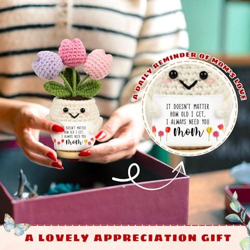 Gifts for Mom from Daughter Son - Cute Christmas, Mothers Day, Birthday Gifts for Moms - 5.51'' x 4.13'' Knitted Positive Tulip Flowers Mom Crochet Doll