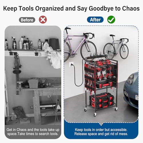 Floor Rolling, Large Tools Storage Cart on Wheels, Heavy Duty Drill Battery Station, Utility Rack Shelf for Garage Workshop JUNNUJ Power Tool Charging Organizer Cart, 8 Outlet 3 USB, 6 FT Cord, Red B0F378R323