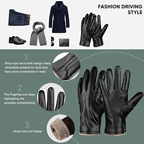 Alepo Winter PU Leather Gloves For Men, Warm Thermal Touchscreen Texting Typing Dress Driving Motorcycle Gloves Wool Lining