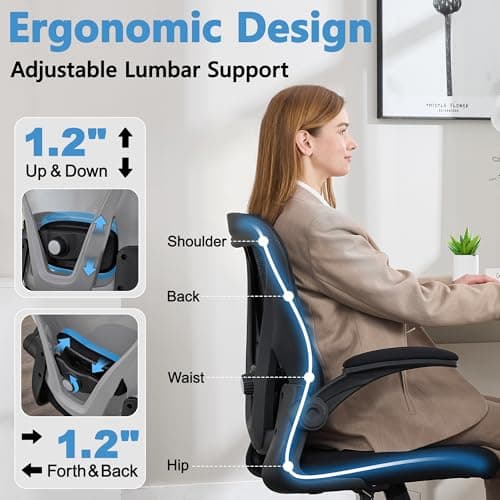 Office Chair, Ergonomic Office Chair with Back Support, Comfy Home Office Desk Chairs with Lumbar Support & Flip-up Armrests, 330LBS Mesh Computer Executive Task Chair for Home Office, Black