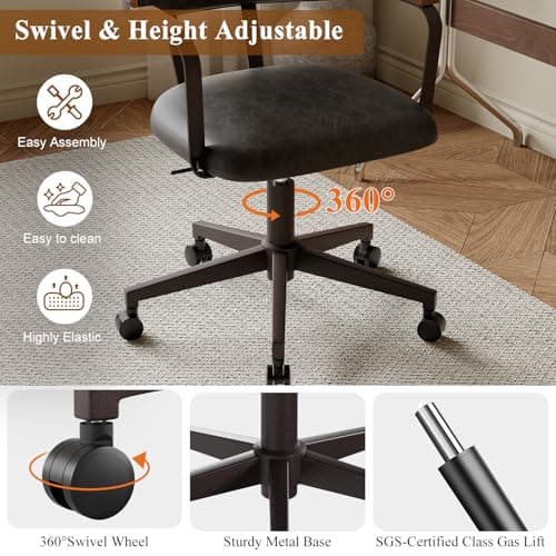 Mid-Century Modern Desk Chair with Walnut Bentwood Design,Retro Home Office Chair with Adjustable Height,360°Swivel,Smooth Rolling Casters,Small Computer Chair PU Leather (Black)