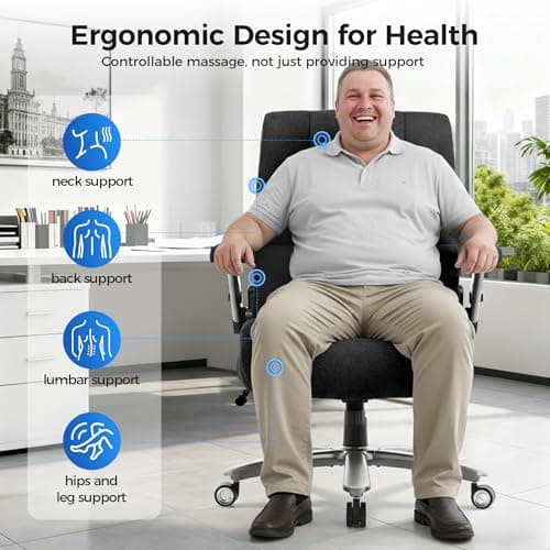 600LBS Big and Tall Massage Office Chair, Extra Wide Seat - 3D Kneading Massage & Heat Office Chair with Heavy Duty Metal Base, 3D Flip Arms, Fabric Ergonomic with Thick Spring Cushion
