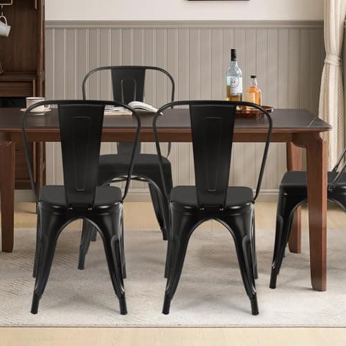 FDW | Metal Dining Chairs | Set of 4 | Black | Stackable Tolix Side Chairs with Backrest | Scratch-Resistant | Non-Slip Feet | Indoor/Outdoor Use | 330 lbs Capacity | for Kitchen & Restaurant