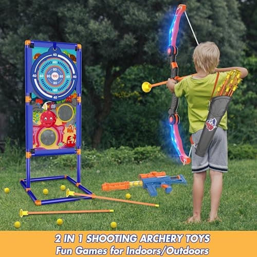 KKONES Kids Bow and Arrow Set, 2 in 1 Shooting Game with LED Light Up Archery Toy, Foam Balls, Suction Cup Arrows, Target, Quiver, Indoor Outdoor Toys for Kids Boys Girls Gifts