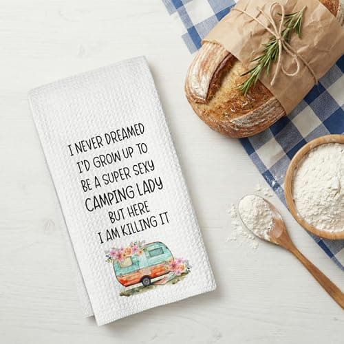 Camping Kitchen Towels 16x24 Waffle Weave, I Never Dreamed I’d Grow Up to Be a Super Sexy Camping Lady Dish Towels, Camp RV Gifts for Women, Gifts for Campers -A01 B0FFMWD7JP
