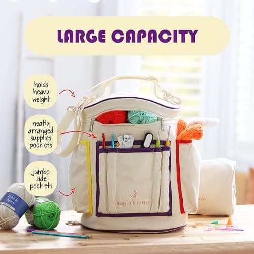 Hearth & Harbor Crochet Bag Organizer – Durable Knitting Bag, Yarn Organizer for Crochet Accessories and Supplies, Canvas Yarn Bag, Crochet Organizer with Accessories Case, Yarn Storage Organizer