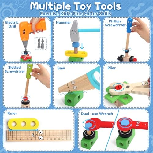 Kids Tool Set with Drill, Educational Montessori Toys for 3 Year Old Boys 44 Pcs STEM Kids Toys Wooden Toddler Tool Set with Apron & Box Christmas Birthday Gifts for 3 4 5 Year Old Boy Girl