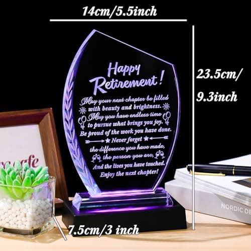 Movdyka Retirement Gifts for Women Men - 2025 Happy Retirement Crystal Keepsakes Plaque with Light Base Best Retired Gift for Woman Teacher Doctor Nurse Coworkers Boss Mom Friends Retiring Decor