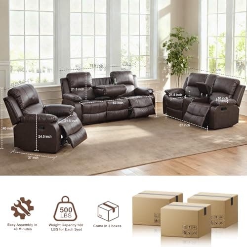 Saxum Tegmen Living Room Furniture Sets, Leather Recliner Sofa, Sectional Sofa Set with Convertible Table & Cup Holders, 3 Pieces Furniture for Living Room/RV/Office (3 Pieces Set, Brown Leather)