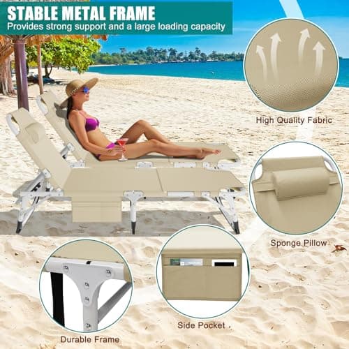 DoCred Heavy Duty XXL Tanning Chair with Face Hole&Mat, Oversized 5-Position Folding Chaise Lounge Chairs for Outside, Portable Beach Lounge Chair for Outdoor Sunbathing Beach Pool Lawn Camping