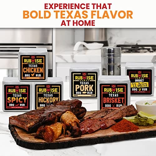 RubWise Texas Style BBQ Rub Gift Set (6 x 1 lb bags) | Meat Spice and Seasoning Variety Pack | Smoking & Grilling Gifts for Men | Brisket Rubs, Chicken, Pork, Hickory, Spicy, El Jefe | Shaker Included