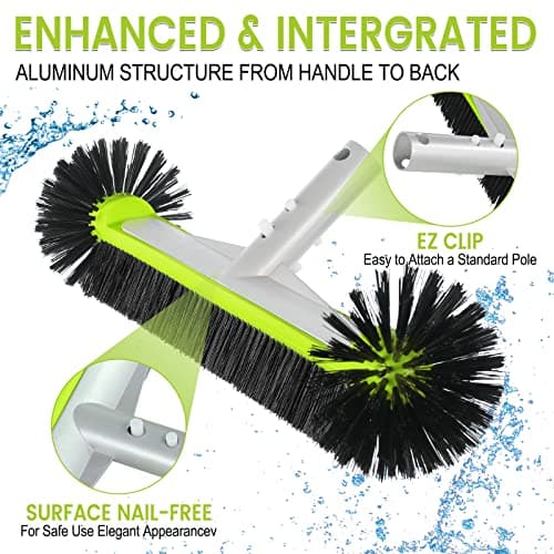 Swimming Pool Brush Head with Round Ends,17.5" Heavy Duty Aluminum Back Head for Cleans Walls, Tiles & Floors, 7 Rows Premium Nylon Bristles with EZ Clips (Green Black)