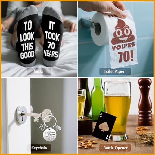70th Birthday Gifts for Men Whiskey Glass Set, 70th Birthday Party Supplies with 11 Oz Whiskey Glass Coaster Stone Baseball Cap Apron Sock Funny Toilet Paper Keychain for Him, Dad, Husband, Friends