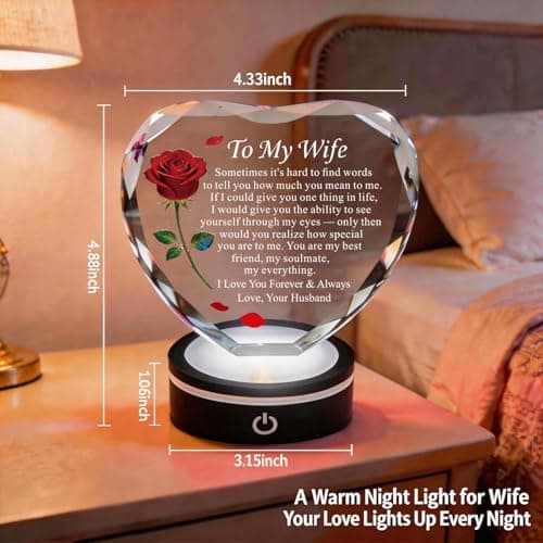Wedding Anniversary Birthday Christmas Valentine's Day Gift from Husband, To My Wife, K9 Crystal, Color Changing LED Romantic Gifts for Wife Crystal Heart Rose Keepsake LED Base B0GV7TXQF4