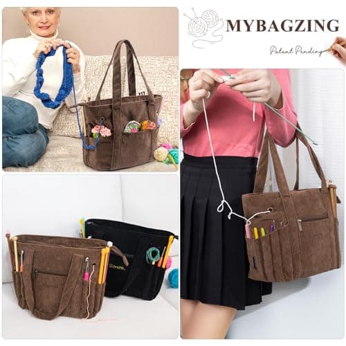 Crochet Bag and Tote - Corduroy Yarn Bag - Yarn Holder for Crocheting - Crochet Storage Bag for Crochet Hooks, Crochet Accessories, Knitting Bag for Crochet Lovers, Mother's Day Gift