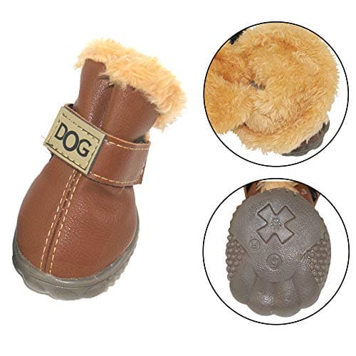 Winter Dog Boots & Paw Protectors: Outdoor Anti-Slip Dog Snow Shoes, Dog Booties Provide Warmth to Dogs Paws from Ice and Snow, Rubber Sole PU Leather Faux Fleece-Lined, Light Brown Dog Shoes Size 8