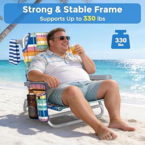 5-Position Backpack Beach Chair for Adults with Lumbar, Foldable Tall Heavy-Duty Beach Chairs with Cooler Bag,Cup Holder,Towel Rack for Beach, Camping, Outdoor (1, Rainbow)