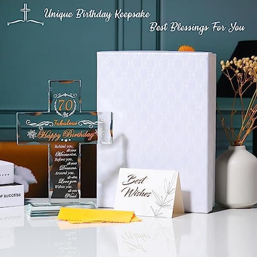 70th Birthday Cross Gifts for Women, Men, Standing Glass Keepsake for 70 Year Old Birthday Religious Presents for Mom, Dad, 70th Fabulous Birthday Gifts Ideas