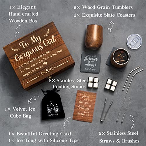 Anniversary for Her Girlfriend Wife Gift Romantic Birthday 5 Year 5th 1 Year First Anniversary Wood Gifts Wooden Cute Wine Tumbler Set Engraved To My Gorgeous Girl