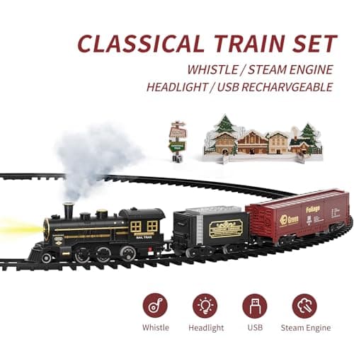 TEMI Steam Train Toy Set for Boys 3 4 5 6 7 Years, with Sounds & Light, Electric Classical Engine Locomotive for Kids, Rechargeable Model Train Kit for Christmas Tree, Cargo Car Railway Tracks