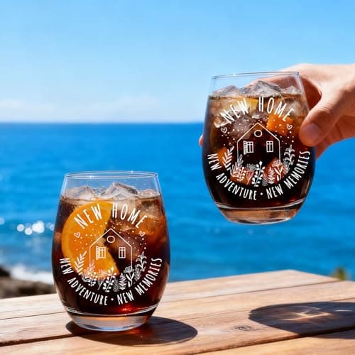 Housewarming Wine Glass Gifts for Couple, Stemless Wine Glasses Bottle Bag Candle Set for New Apartment, Blessing gifts for Women, Men, Couple, First Time Home Buyers, Homeowners, Family -149