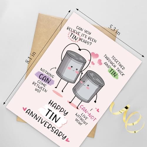 Funny 10 Years Anniversary Card, Cute Tin Pun 10th Anniversary Card for Husband Wife, Hilarious Ten Years Anniversary Card for Him Her, Happy Tin Wedding Anniversary Card