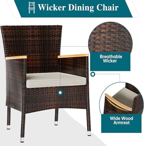 Shintenchi 7 Piece Patio Dining Set, Wicker Patio Conversation Set with Wooden Table Top, Outdoor Table and Chairs with Soft Cushions for Backyard, Deck and Garden, Brown Rattan