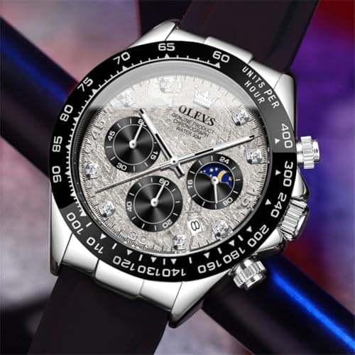 OLEVS Men's Watches Chronograph Multifunction Sport Silicone Luxury Diamond Moon Phase Quartz Male Watch Waterproof Wrist Watch