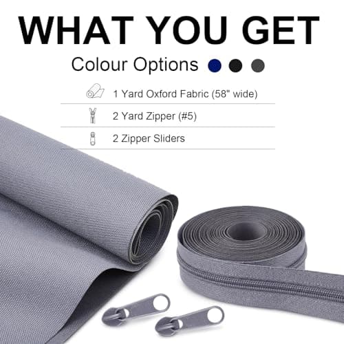 HunnmingRe 600D Waterproof Oxford Fabric with 2 Yard Zipper, 58" x 36" Outdoor Upholstery Fabric for Outdoor Cushion Cover Waterproof Canvas for DIY Patio Pillow Cover Furniture Covers(Gray)