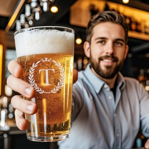 Personalized Beer Glasses Gifts for Men, 16 oz Pint Glasses Monogrammed A-Z Drinking Glass Cups Customized Gift, Unique Christmas Anniversary Birthday Gifts for Men Him Dad Brother Husband Grandpa (T)