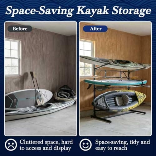 Faesun 3-Tier Kayak Storage Rack, Freestanding Kayak Rack with Paddle Hook, Adjustable Heavy Duty Kayak Stand with Ground Pegs, Storage Rack for Kayak, Canoe, Surfboard & Paddleboard