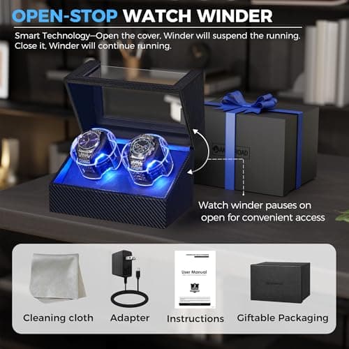 ANWBROAD ANWBROAD Watch Winder for Automatic Watches, Double Automatic Watch Winder Box with Quiet Japanese Motor, 4 Modes Dual Watch Winder wIth LED Light, Type-C Adapter, UJWW016C