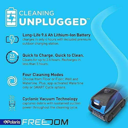 Polaris Freedom Cordless Robotic Pool Cleaner, Cable-Free for All In-Ground Pools up to 50ft, Four Cleaning Modes & Intelligent Cleaning Technology