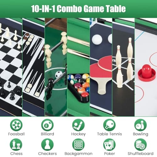 GYMAX Multi Game Table, 10 in 1 Combo Game Table w/Foosball Table, Hockey, Pool Table, Ping Pong, Shuffleboard, Bowling & 4 Board Games, Game Tables for Game Room, Home, Family