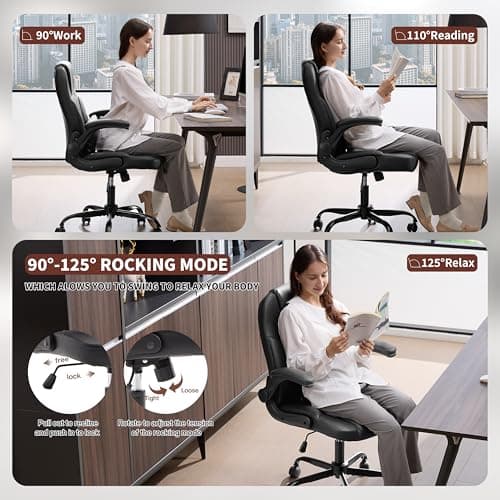 Executive Office Chair PU,Leather Office Chair with Wheels,360° Swivel Rolling Chair with Padded Arms,Ergonomic Computer Chair with Lumbar Support for Short People Use(Black)