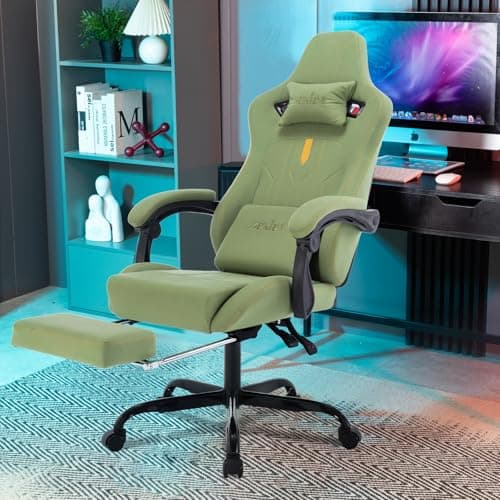 Gaming Chair with Footrest Ergonomic Computer Chair Massage Lumbar Cushion, Racing Video Game Chair Adjustable Rocker Recliner Executive Office Desk Chair Fabric for Adults