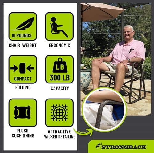 STRONGBACK Folding Patio Chair - Ergonomic Design for Back Pain Relief - 21" Seat Width/300 lb Capacity - Plush Olefin Cushions/Durable Magnesium Alloy Frame - Lightweight/Portable Outside Chairs