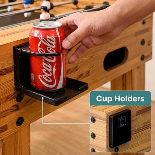 SereneLife 48in Competition Sized Foosball Table - Height Adjustable Arcade Soccer Set for Home, Game Room, Man Cave - Includes 2 Balls & 2 Fold-Out Cup Holders, Natural