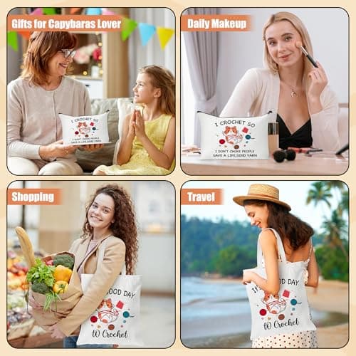 Y1tvei Cartoon Cat Canvas Bags - 2Pcs It’s A Good Day to Crochet Canvas Tote Bag Makeup Pouch, Reusable Grocery Folding Shopping Handbag, Knitting Crocheting Funny Gifts for Knitter Crocheters Women