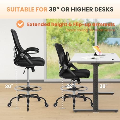 HYLONE Drafting Chair Adjustable, Tall Office Chair Lumbar Support Ergonomic Standing Desk Chair Heavy Duty Tall Drafting Stool for Artists with Footrest Home Office Drafting Stool