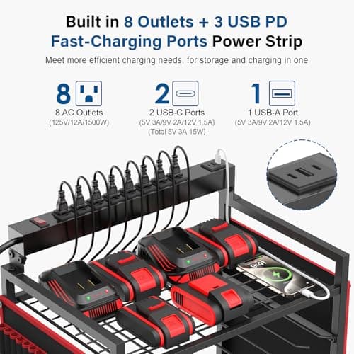 Floor Rolling, Large Tools Storage Cart on Wheels, Heavy Duty Drill Battery Station, Utility Rack Shelf for Garage Workshop JUNNUJ Power Tool Charging Organizer Cart, 8 Outlet 3 USB, 6 FT Cord, Red B0F378R323