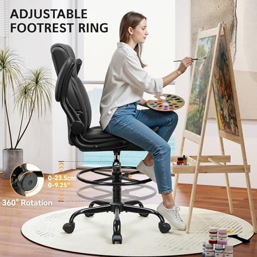 Drafting Chair,Tall Office Chair for Standing Desk,High Executive Leather Ergonomic Computer Chair with Adjustable Height and Flip-Up Armrest for Counter Height Desk,Black