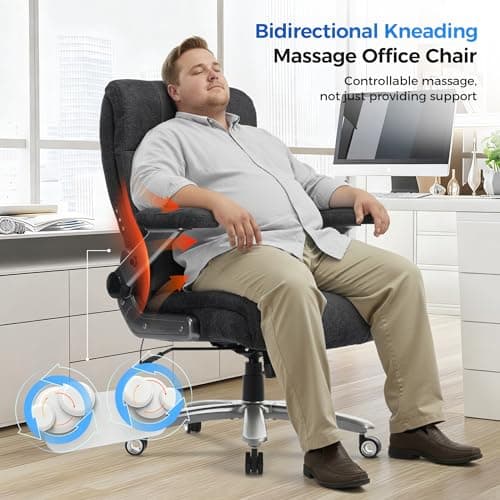 600LBS Big and Tall Massage Office Chair, Extra Wide Seat - 3D Kneading Massage & Heat Office Chair with Heavy Duty Metal Base, 3D Flip Arms, Fabric Ergonomic with Thick Spring Cushion