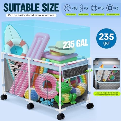 Pool Float Storage - Outdoor Pool Toy Storage Organizer for Pool Noodles, Toys, Floats, Beach Balls, and Equipment, Above Ground Pool Accessories, Rolling Outdoor Pool Storage Bin with Zipper Design