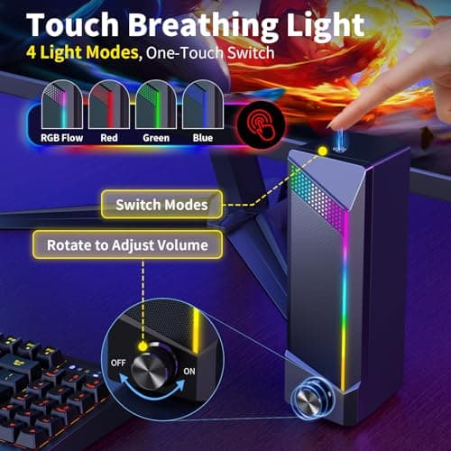 Computer Speakers, 2 in 1 PC Speaker , Gaming Speakers for PC Computer Laptop Desktop Monitor, RGB Speakers with Touch Sensitive Lighting, USB Powered 3.5mm Aux(Package Only Two Speaker, No Soundbar)