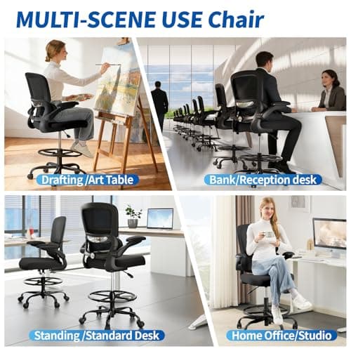 TRALT Drafting Chair - Tall Office Chair for Standing Desk - High Office Chair with Adjustable Footrest Ring Lumbar Support - Tall Office Chairs for Home Office with Flip-Up Armrests (Black)