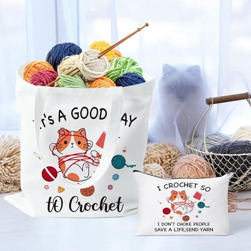 Y1tvei Cartoon Cat Canvas Bags - 2Pcs It’s A Good Day to Crochet Canvas Tote Bag Makeup Pouch, Reusable Grocery Folding Shopping Handbag, Knitting Crocheting Funny Gifts for Knitter Crocheters Women