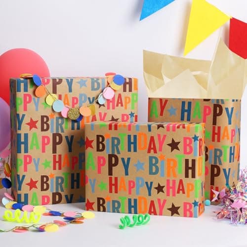 17 inch X 33 feet, Gridlines Design, Recycled, Holiday BIOBROWN Kraft Birthday Wrapping Paper Colorful Text Happy Birthday Design B0BLSML9G3