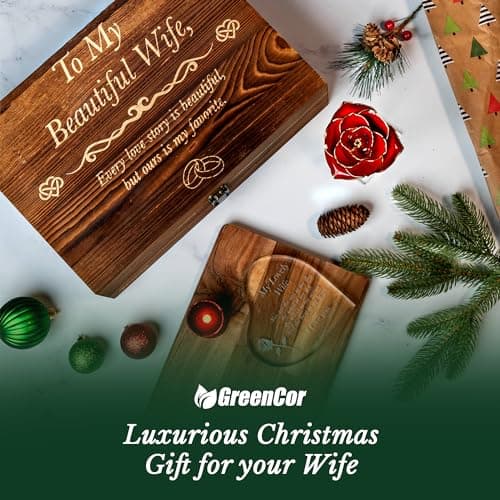 Anniversary for Wife Engraved Wooden Gift Set 'To My Beautiful Wife' Includes Crystal Engraved Heart 24K Gold Dipped Rose for Birthday Gifts